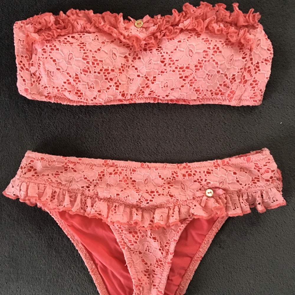 Betsey Johnson Pink Crotchet Ruffle Bikini